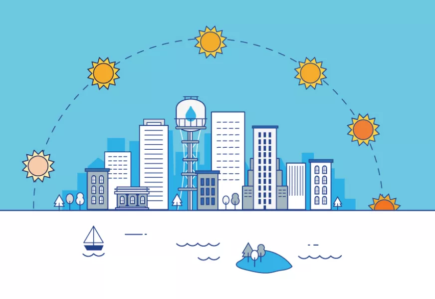 Ilustración ciudad y distintos horarios del día.