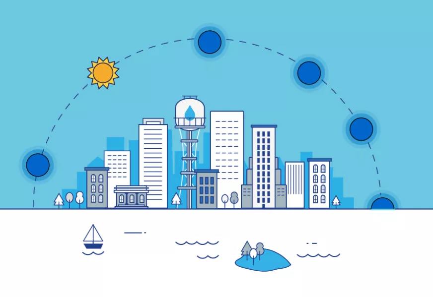 Ilustración representando la ciudad y la media mañana