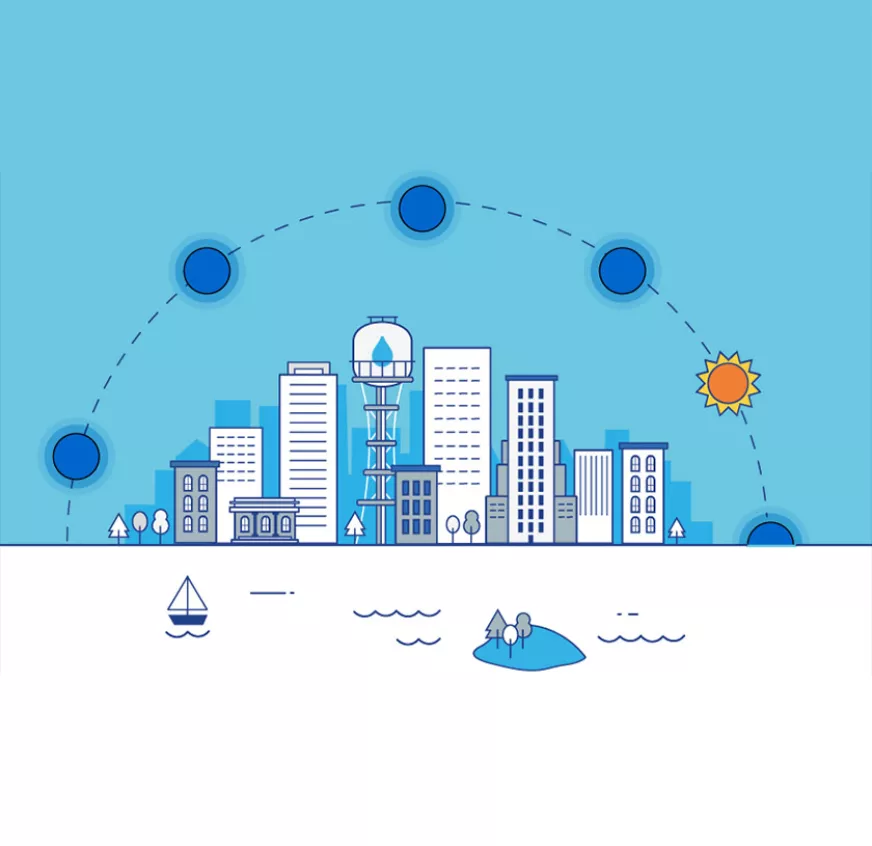 Ilustración representando la ciudad y el atardecer