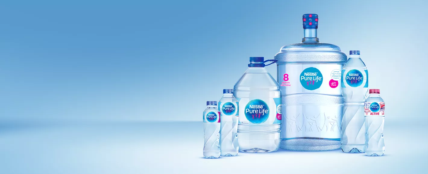 A variety of Nestlé Pure Life water bottles in different sizes