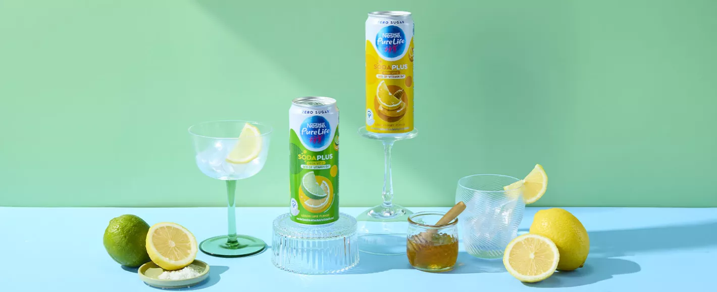 Nestlé Pure Life Soda Plus lemon lime drinks with citrus fruit and zero sugar