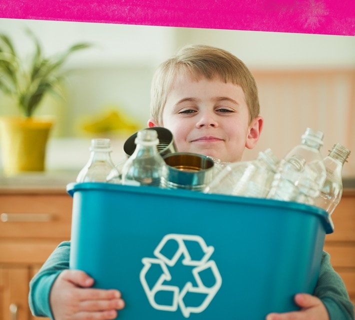 nestle pure life boy holding a blue recycle bin