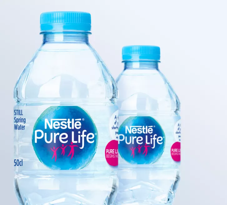 Close up of Nestle Pure Life water bottles