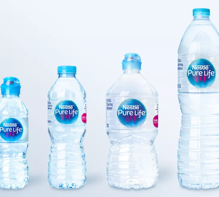 Bottles of Nestle Pure Life water in different sizes