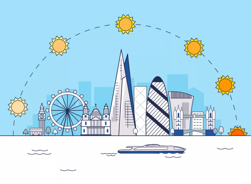 Drawing of London with the sun at different positions on the sky