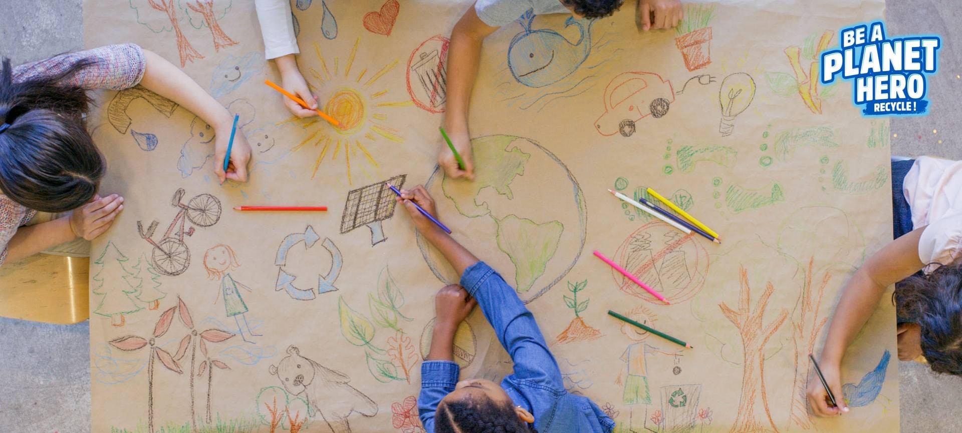 children drawing a recycling-themed wallpaper